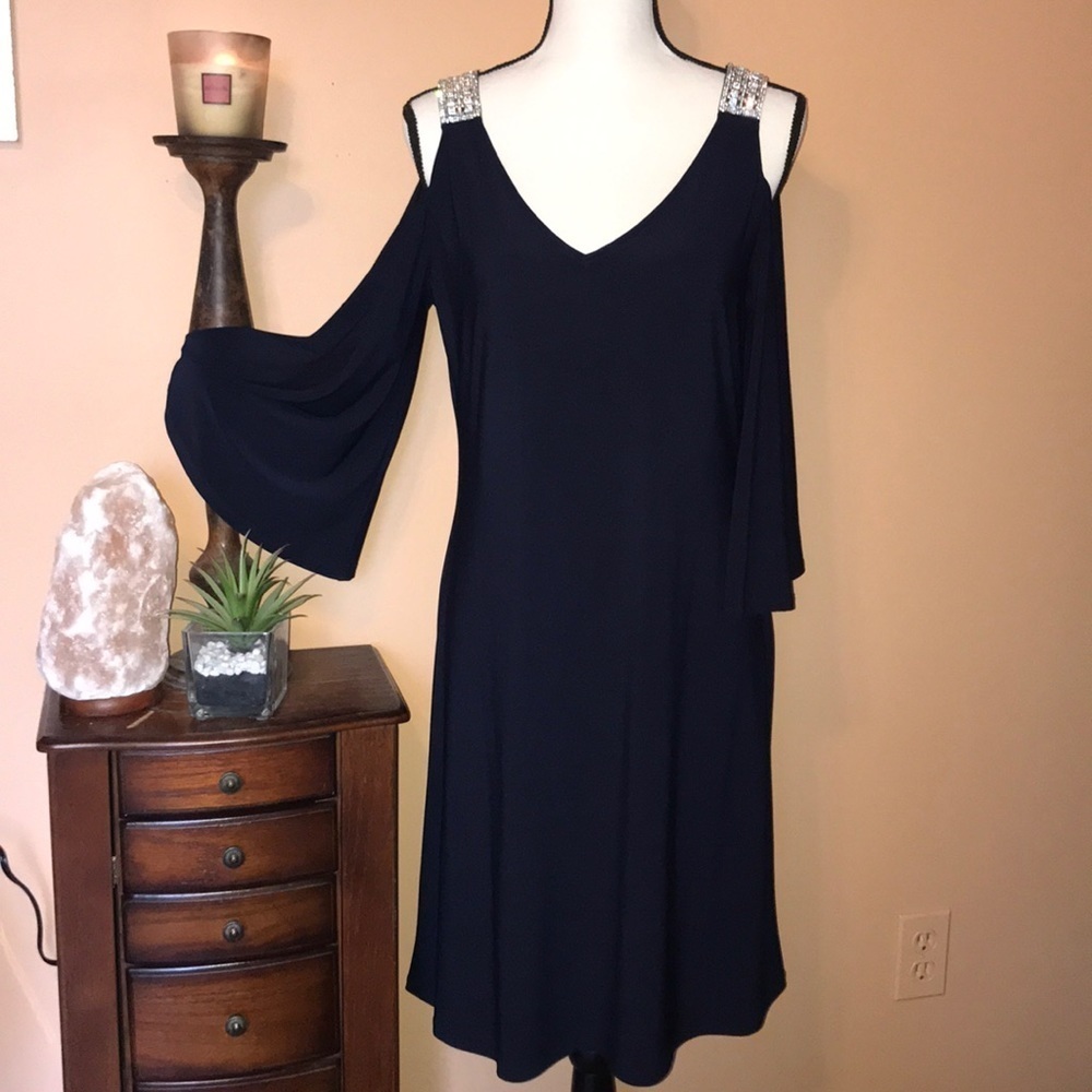 Navy blue open shoulder gem stone strap wedding/ formal dress